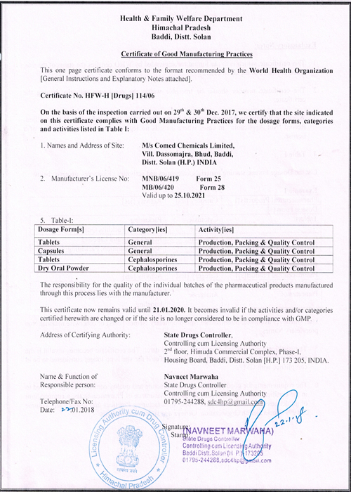 WHO-GMP Certificate Baddi